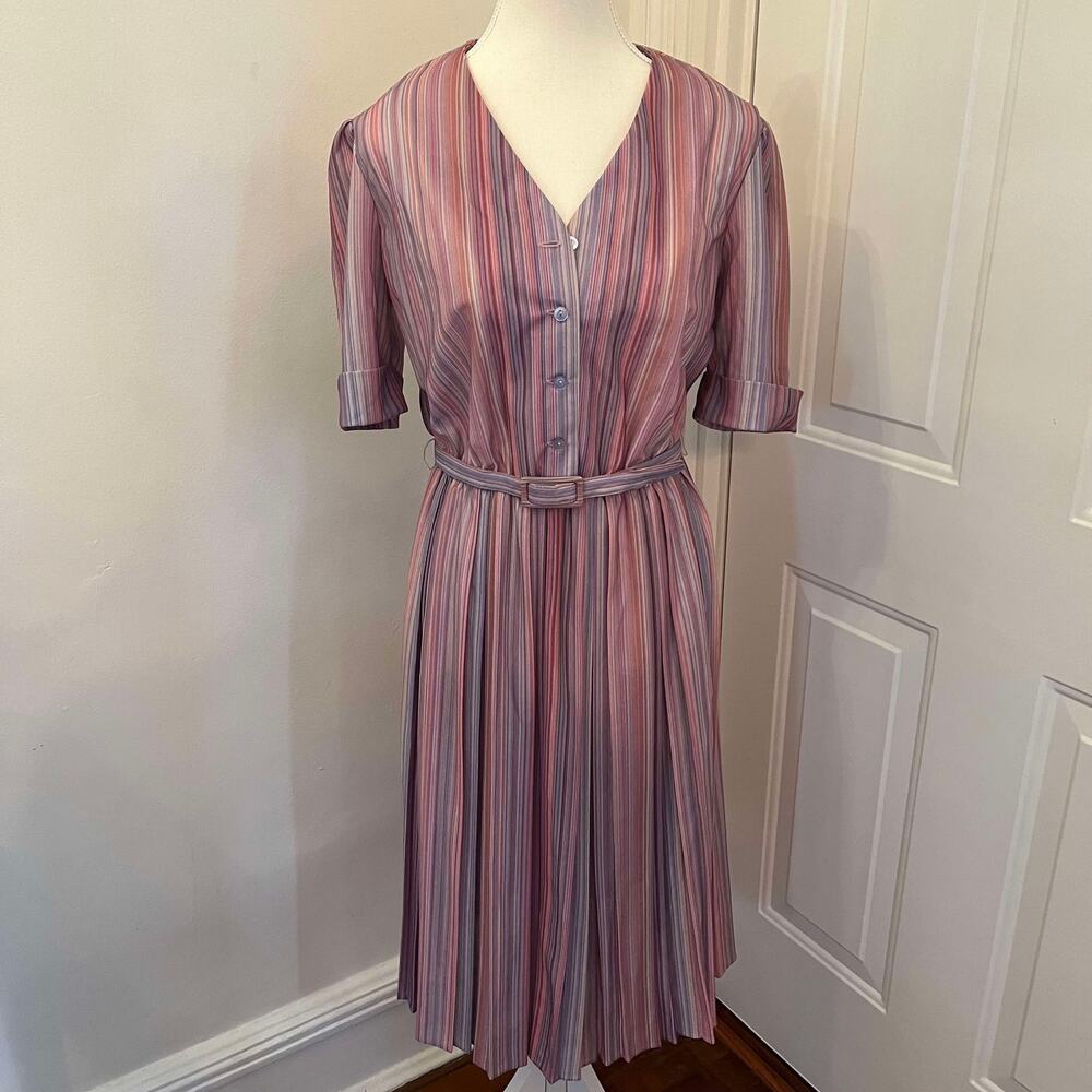 Vintage 1970's Rainbow Striped Belted Dress Size Medium